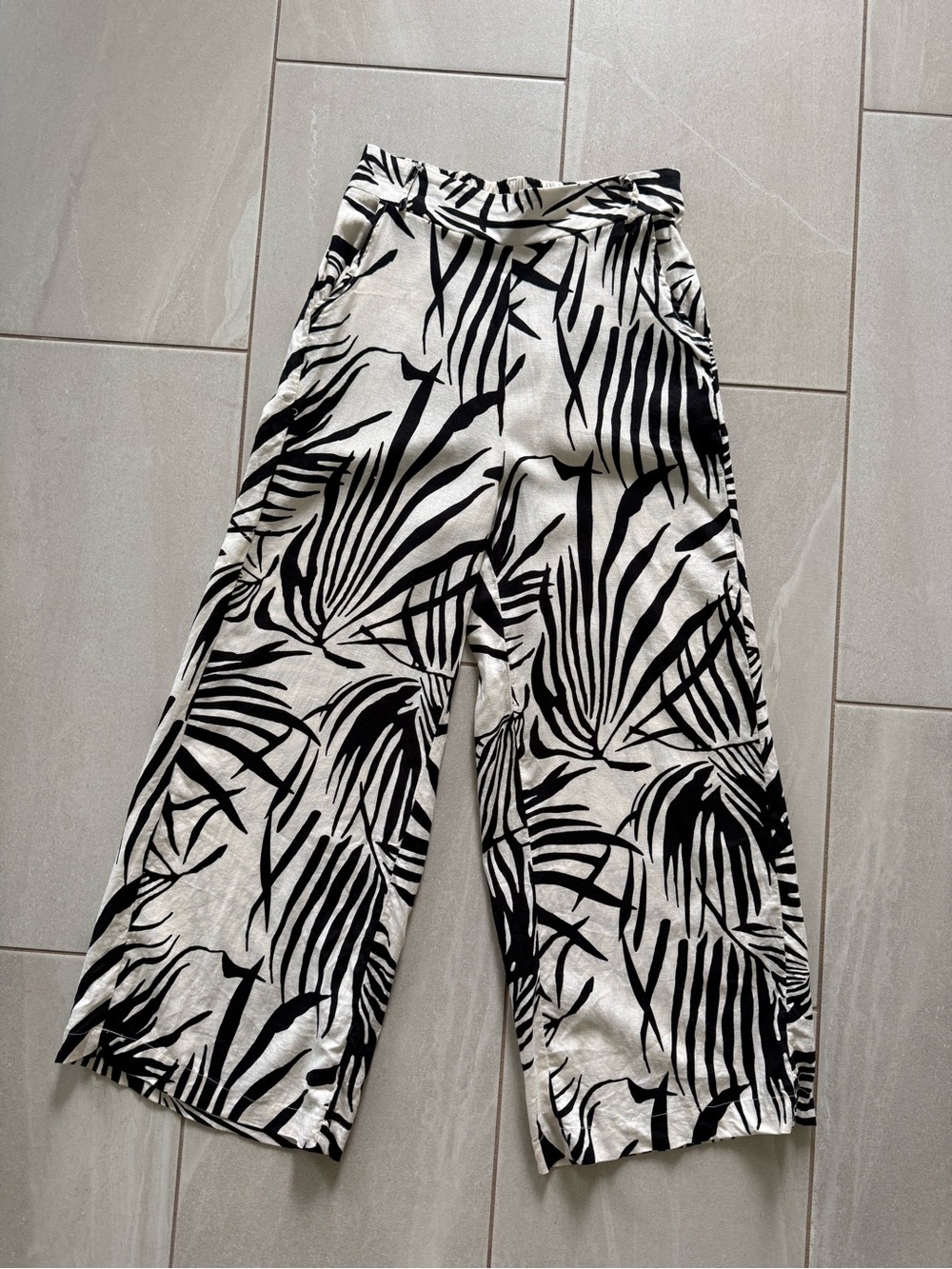 Rachel Zoe XS Linen Blend Wide Leg Pants Black White Tropical High Rise